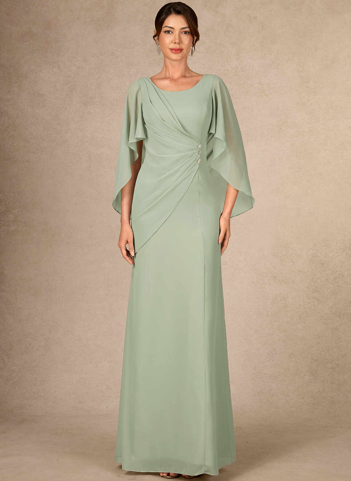 Sage Green Chiffon Sheath Round Neck Cape Sleeve V Back Slit Floor Mother of the Bride Dress