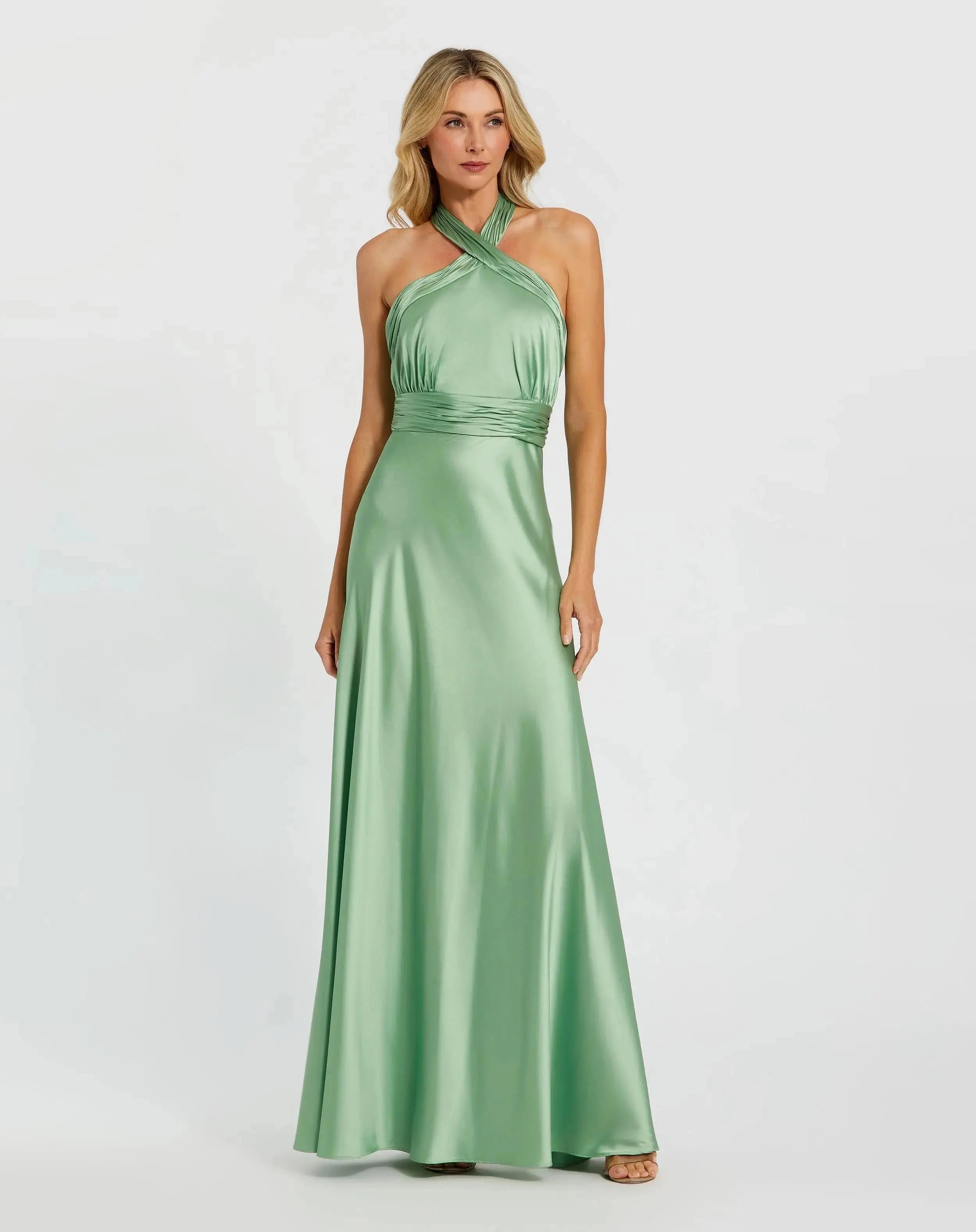 Halter sage green satin open back bow prom gown