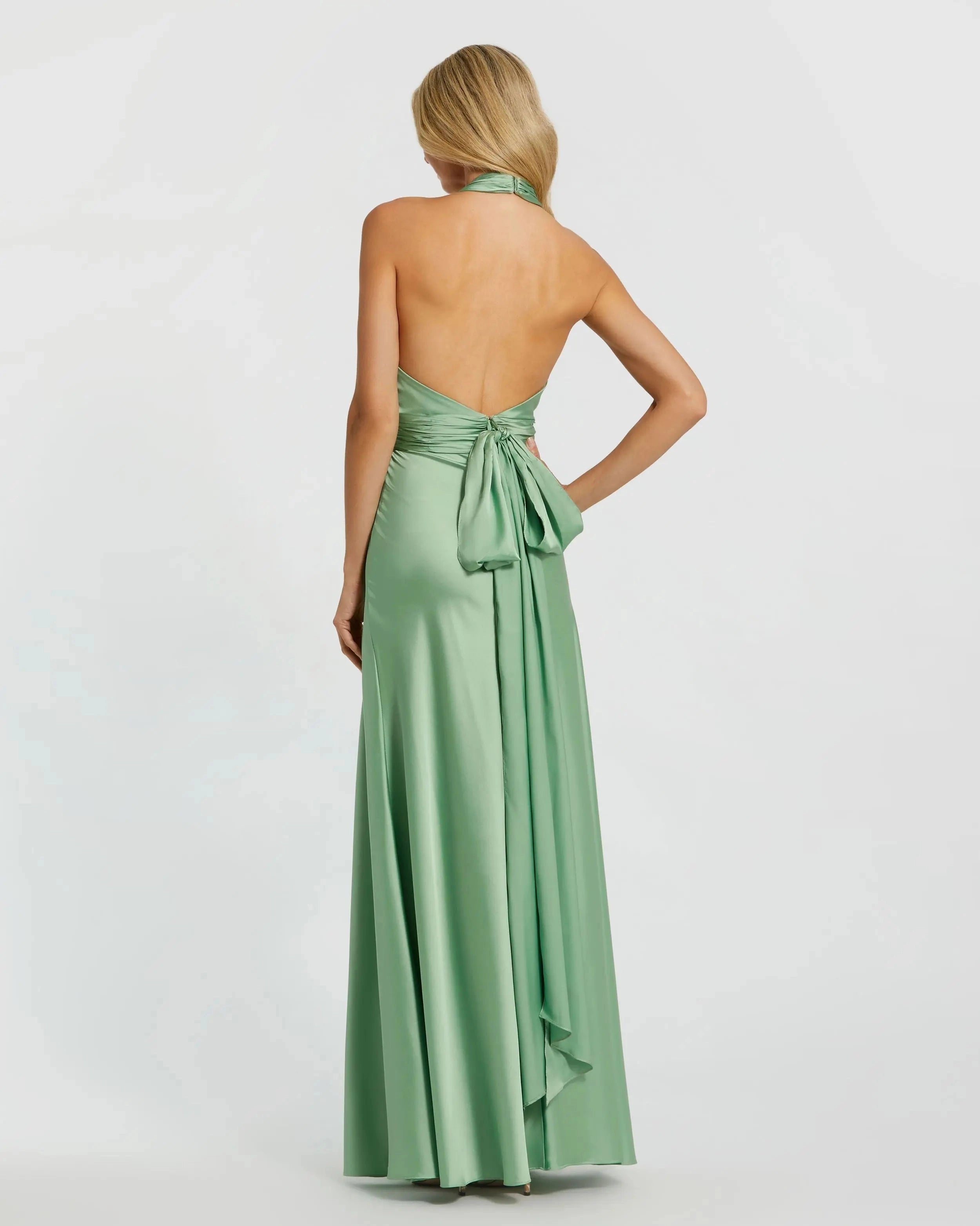 Halter sage green satin open back bow prom gown