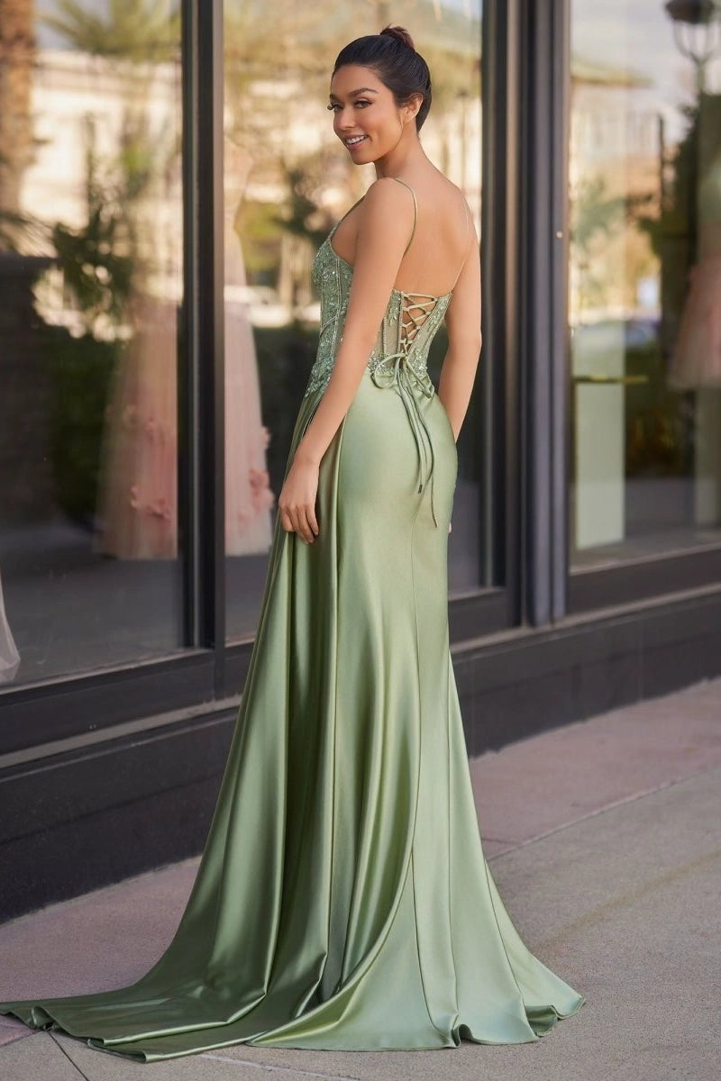 Sage Green Mermaid Spaghetti Straps Sleeveless Lace-Up Back Long Prom Dress