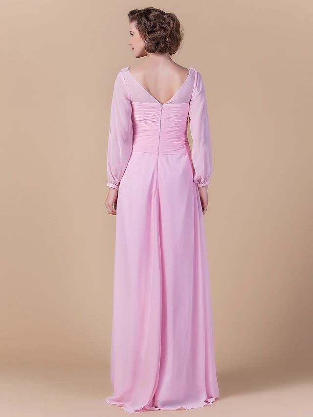 Sheath / Column Mother of the Bride Dress Vintage Inspired Cowl Neck Floor Length Chiffon Long Sleeve with Criss Cross Ruched
