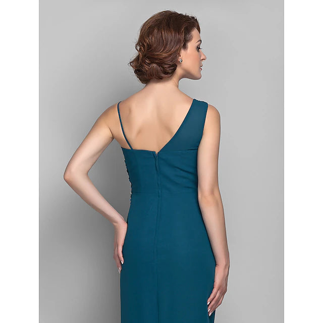 Sheath / Column Mother of the Bride Dress Furcal One Shoulder Floor Length Chiffon Sleeveless with Beading
