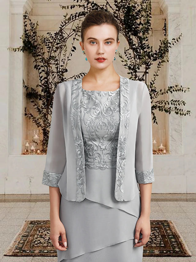 Two Piece Sheath / Column Mother of the Bride Dress Church Elegant Square Neck Jewel Neck Knee Length Chiffon Lace Sleeveless Wrap Included with Ruffles Appliques