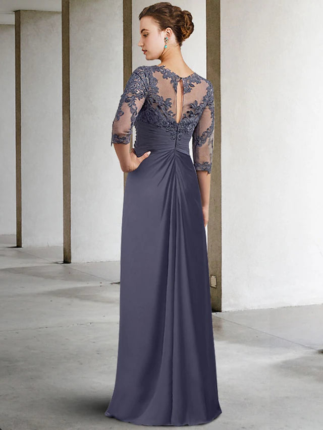 Sheath / Column Mother of the Bride Dress Elegant Jewel Neck Floor Length Chiffon Lace 3/4 Length Sleeve with Ruched Appliques