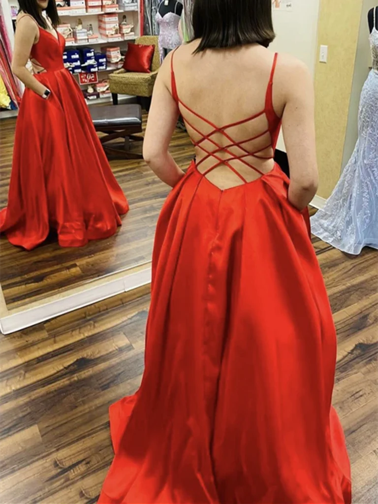 A Line V Neck Backless Satin Long Prom Dresses