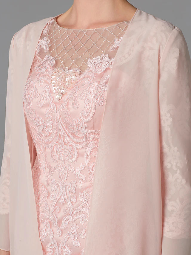 Two Piece Sheath / Column Mother of the Bride Dress Church Sparkle & Shine Jewel Neck Knee Length Chiffon Lace 3/4 Length Sleeve Jacket Dresses with Beading Appliques