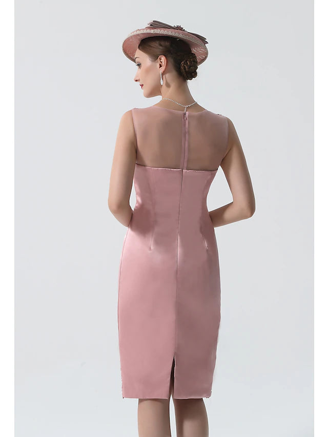 Sheath / Column Mother of the Bride Dress Vintage Plus Size Jewel Neck Knee Length Satin Lace 3/4 Length Sleeve Jacket Dresses with Appliques