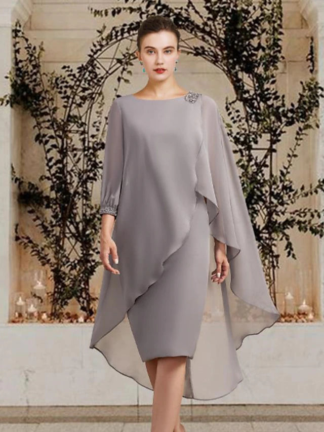 Sheath / Column Mother of the Bride Dress Elegant Jewel Neck Floor Length Chiffon 3/4 Length Sleeve with Beading Sequin