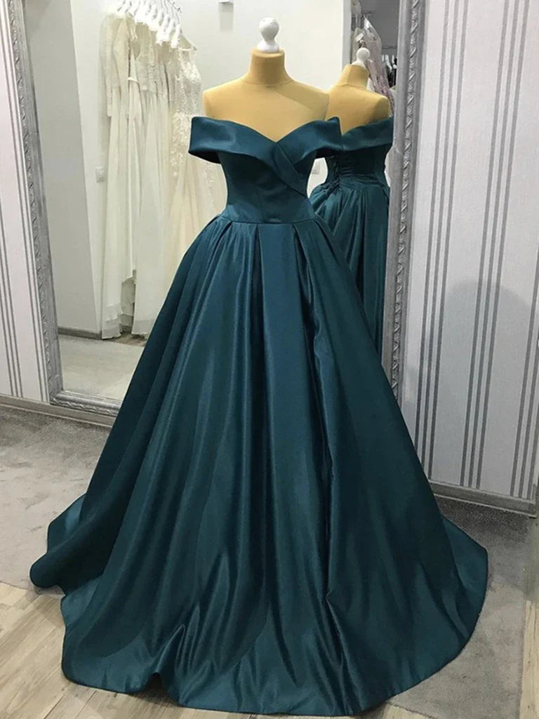 A-line Off The Shoulder Satin Formal Evening Dresses Long Prom Dresses