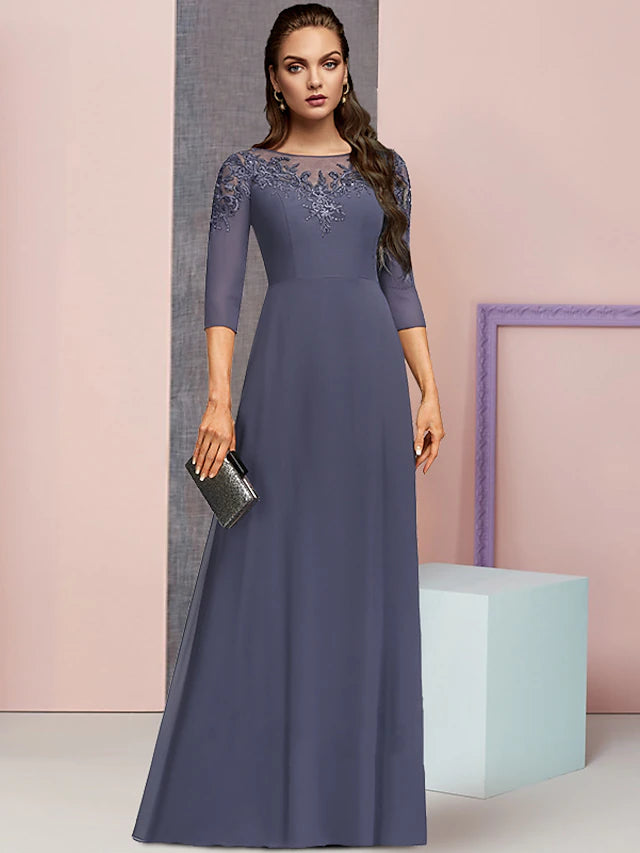 A-Line Mother of the Bride Dress Formal Elegant Jewel Neck Floor Length Chiffon Lace 3/4 Length Sleeve with Sequin Appliques