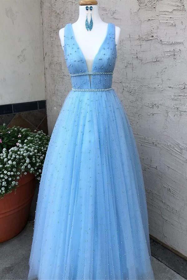 Beaded Sky Blue V Neck Long Prom Dresses Pearls Tulle Cute Prom Dress