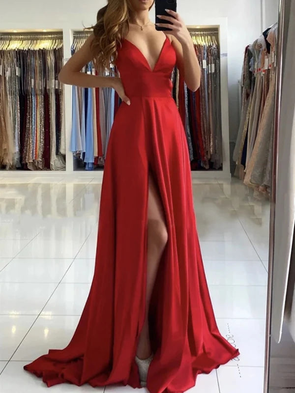 A Line V Neck Backless Long Prom Dresses with Slit