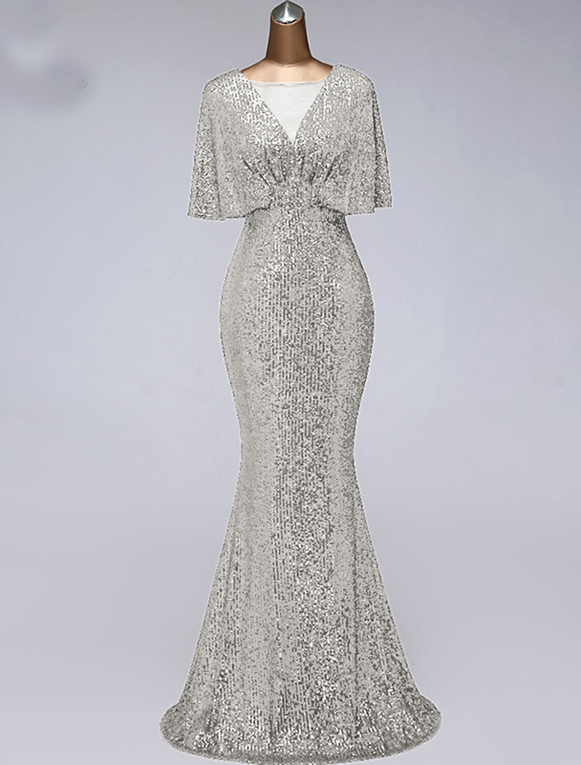 Meerjungfrau/Trompete Ballkleider Glitzerkleid Hochzeitsgast Bodenlang Halbarm Illusionsausschnitt Paillettenbesetzt mit Paillettenrüschen