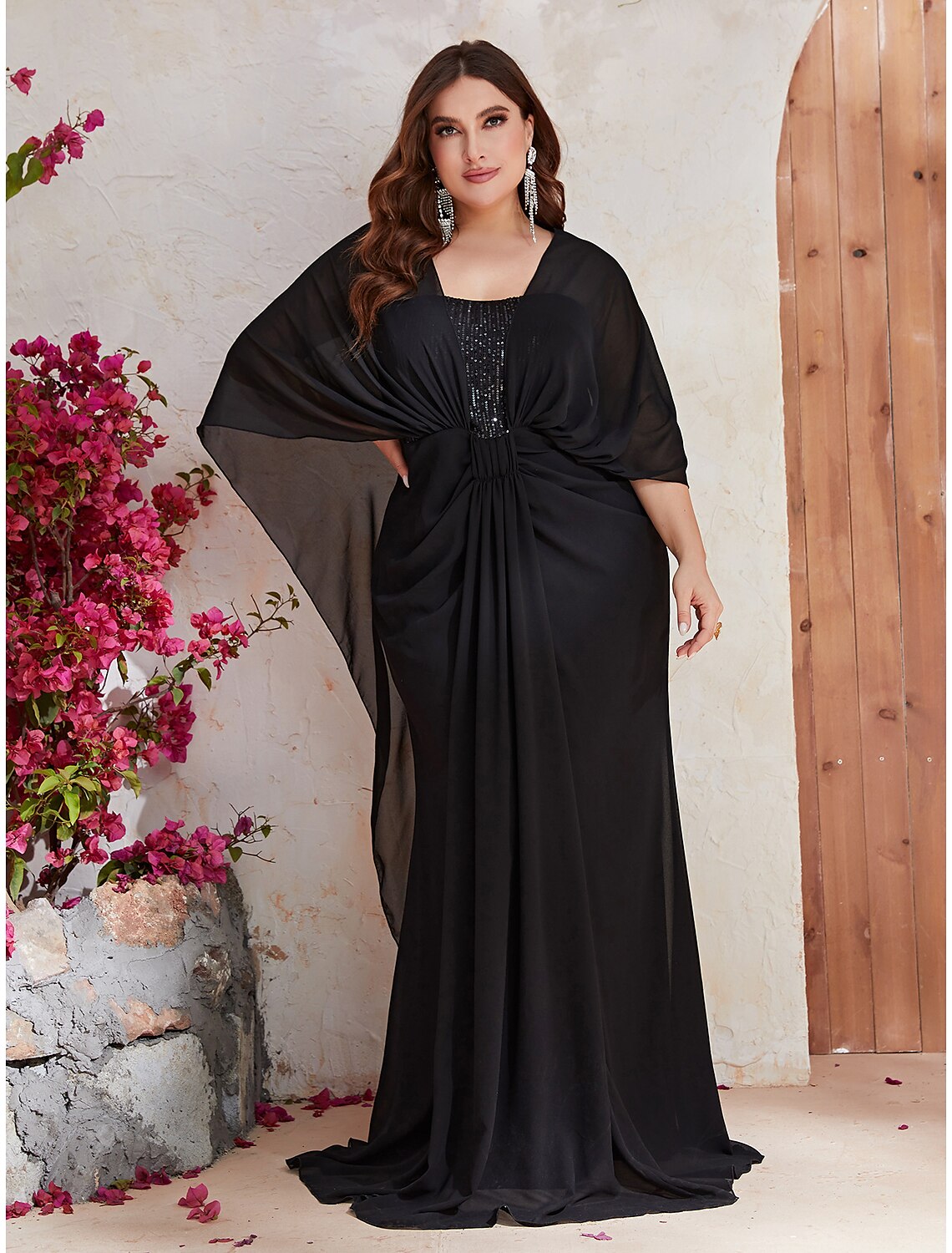 Mermaid / Trumpet Wedding Guest Dresses Plus Size Dress Formal Sweep / Brush Train Long Sleeve V Neck Polyester with Sequin Shawl