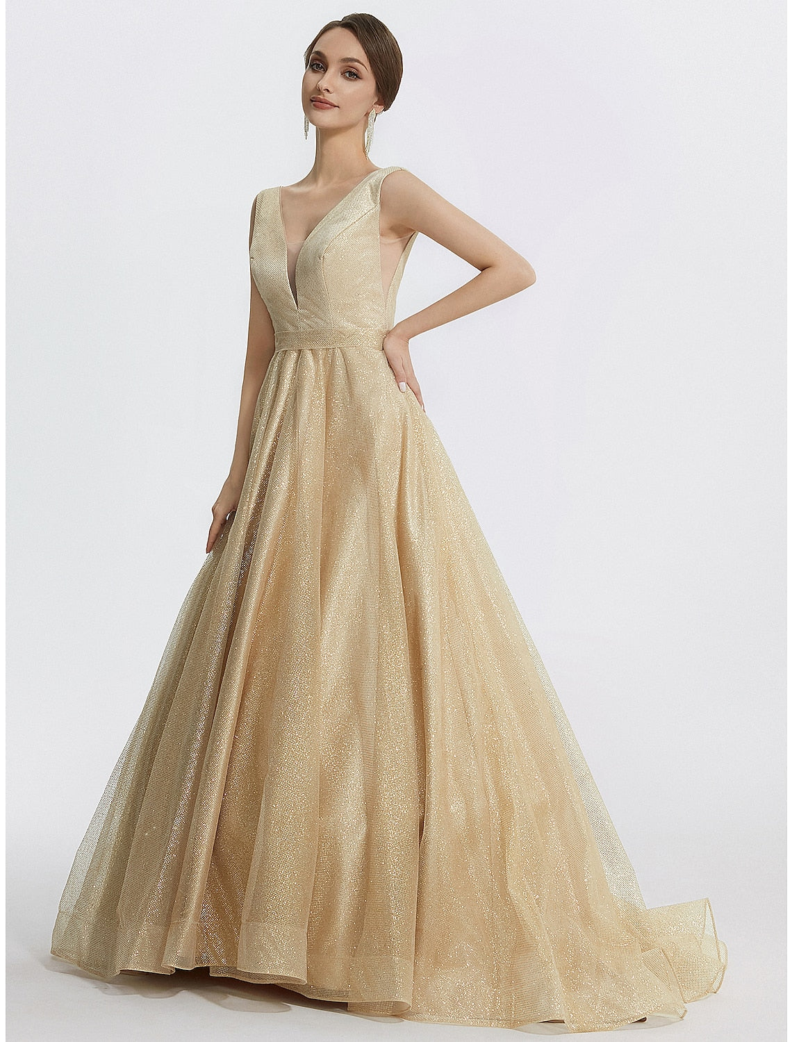 Ball Gown Prom Dresses Sparkle Dress Wedding Quinceanera Floor Length Sleeveless V Neck Tulle with Glitter