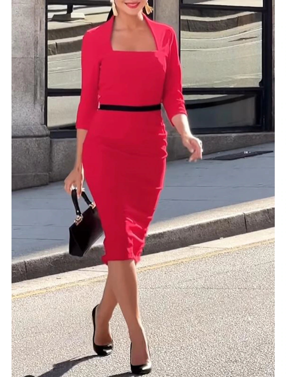 Sheath / Column Cocktail Dresses 1950s Dress Evening Party Tea Length 3/4 Length Sleeve Square Neck Stretch Fabric with Strappy