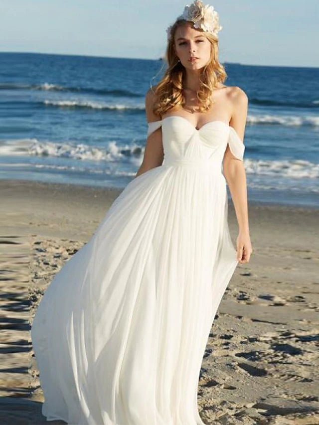 Beach Sexy Boho Wedding Dresses Floor Length A-Line Cap Sleeve Off Shoulder Chiffon With Pleats Solid Color