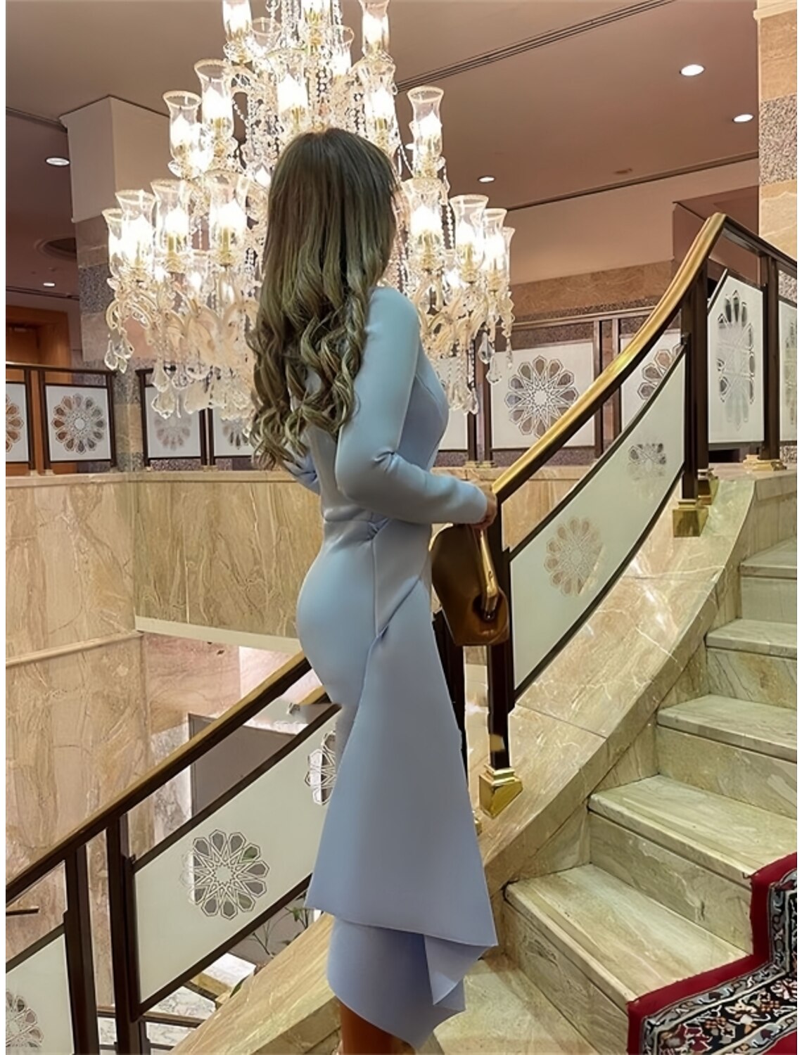 Etuikleid, formelles Cocktailkleid, elegantes Weihnachtskleid, rot-grün, formelles Herbstkleid, knielang, lange Ärmel, Rundhalsausschnitt, Stretchstoff mit Falten, gerüscht