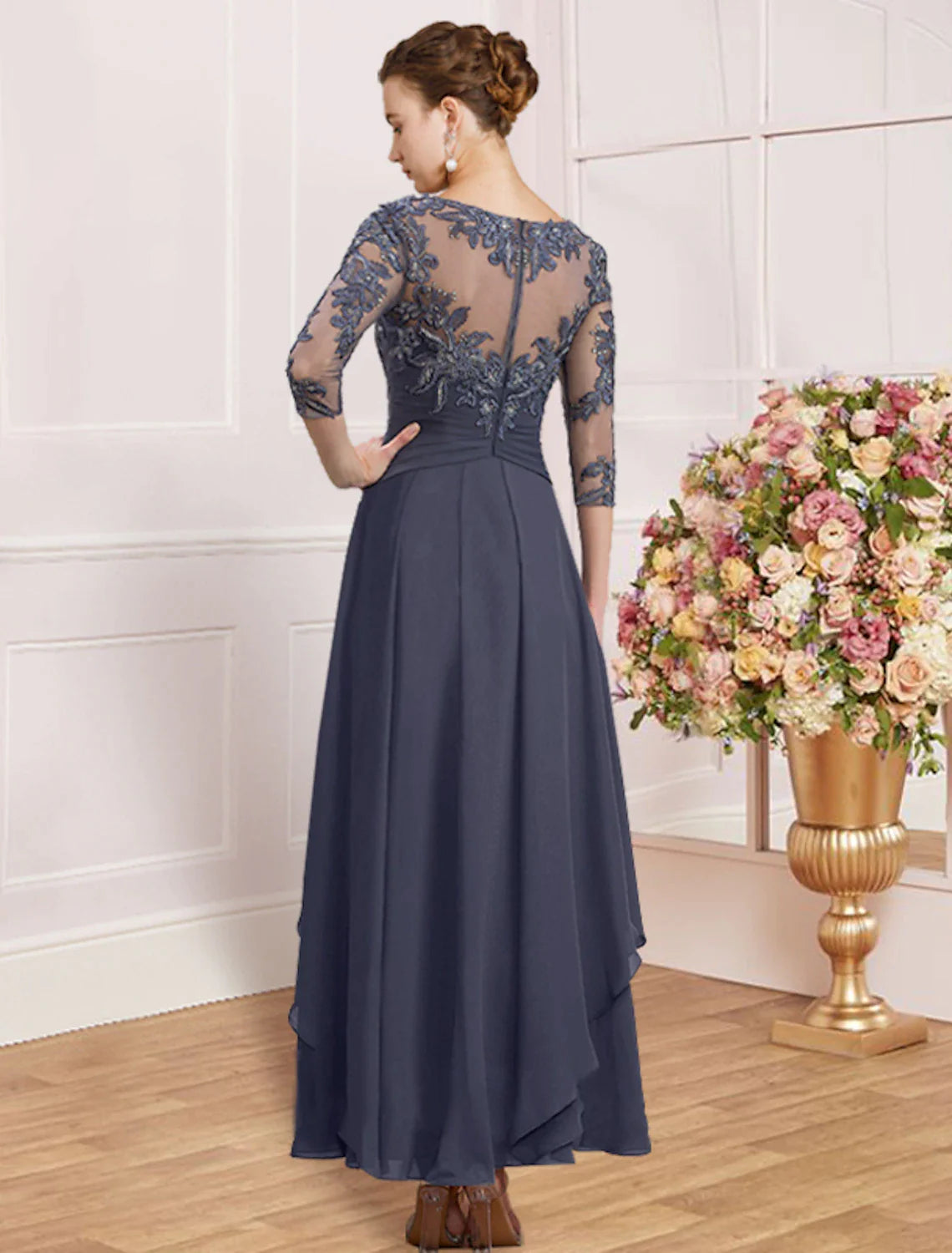 Sheath / Column Mother of the Bride Dress Wedding Guest Elegant Simple Jewel Neck Ankle Length Chiffon Lace 3/4 Length Sleeve with Pleats Sequin