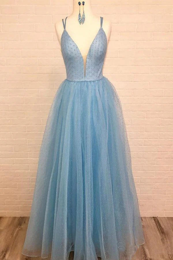 A-line Spaghetti Strap V Neck Sky Blue Prom Dress with Tiny Dot Print