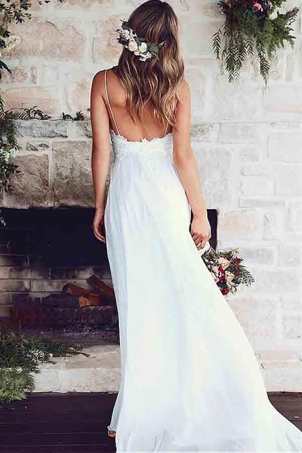A-Line Spaghetti Appliques Straps Wedding Dresses With Lace