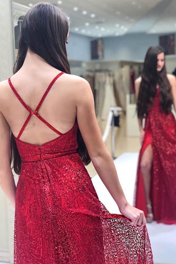 A-Line Sparkly V Neck Red Long Prom Dresses Formal Dress with Split