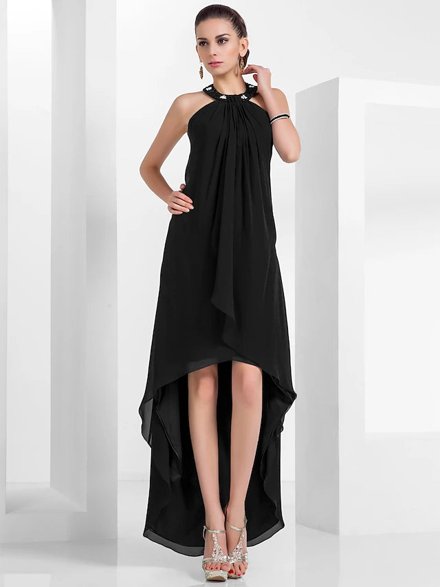 A-Line Elegant Dress Wedding Guest Asymmetrical Sleeveless Halter Chiffon Backless with Pleats Beading