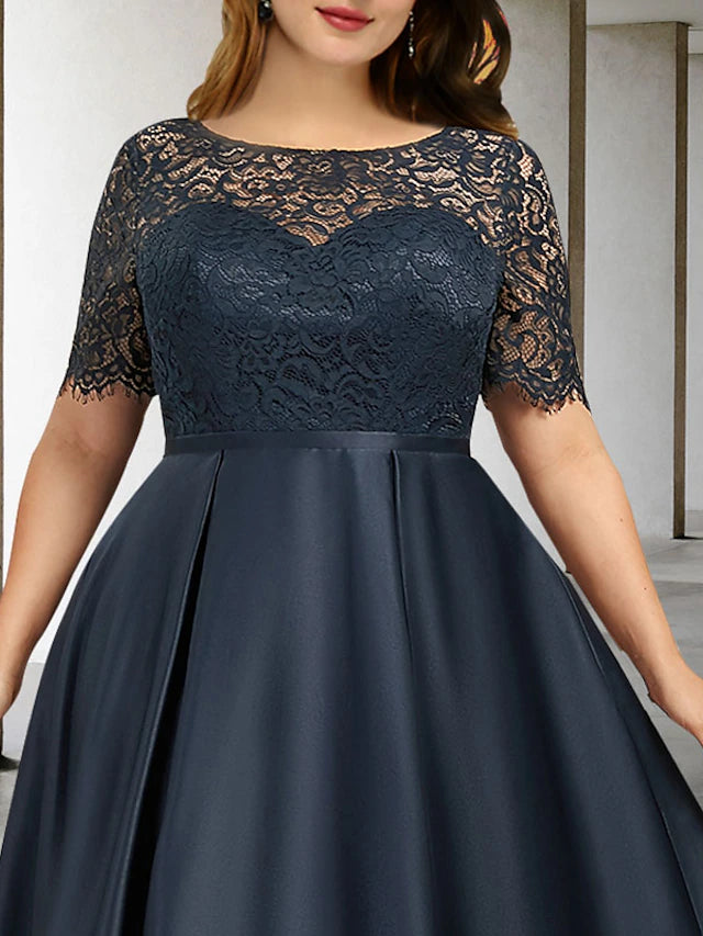 A-Line Plus Size Curve Mother of the Bride Dresses Elegant Dress Formal Asymmetrical Short Sleeve Jewel Neck Satin with Pleats