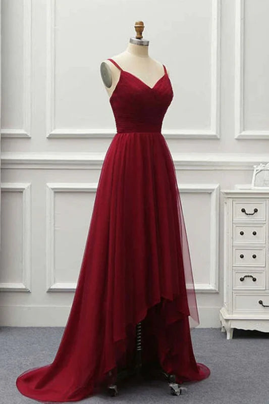 A Line High Low Tulle Train V Neck Backless Formal Prom Dress