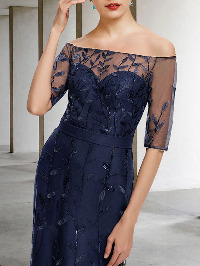 A-Line Mother of the Bride Dress Elegant Sparkle & Shine Off Shoulder Floor Length Lace Tulle Half Sleeve with Sequin Appliques