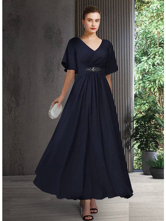 A-Line Mother of the Bride Dress Elegant V Neck Ankle Length Chiffon Half Sleeve with Pleats Crystal Brooch