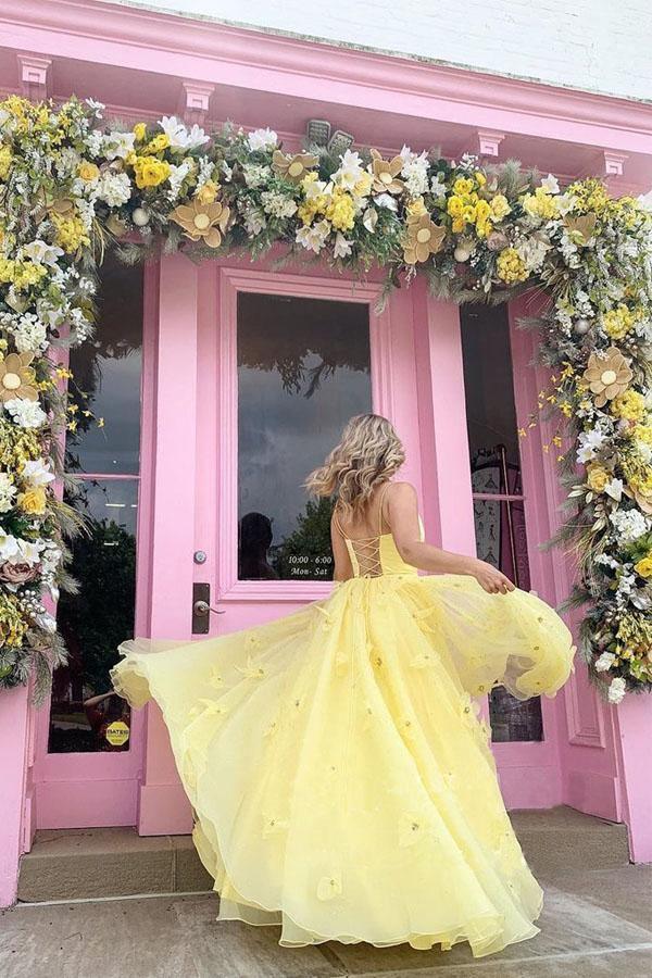 A-line 3D Flowers Straps Tulle Bodice With Back Lace Up Yellow Long Prom Dress