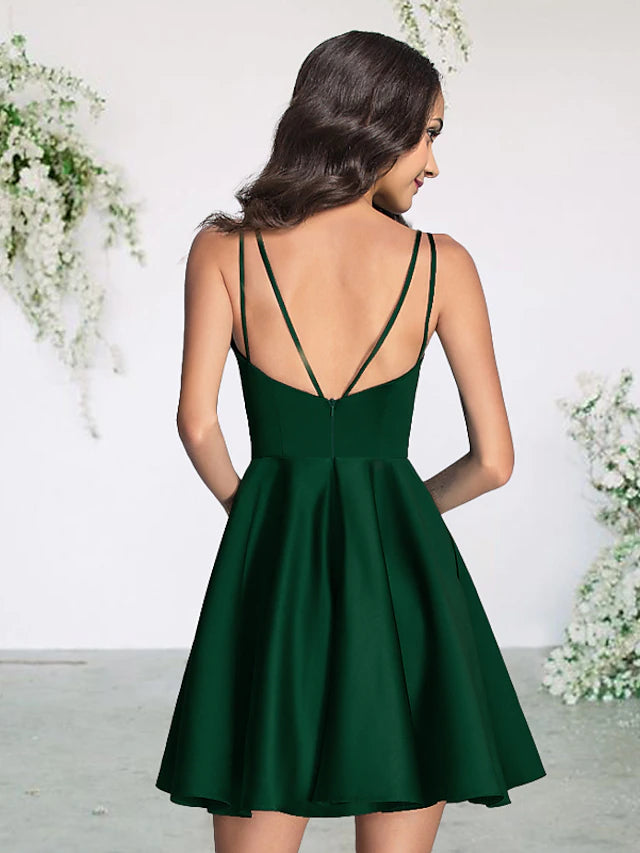 A-Linie Brautjungfernkleid V-Ausschnitt Ärmellos Sexy Kurz / Mini Satin mit Falten