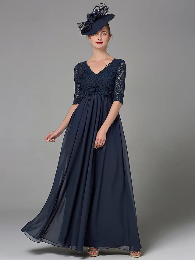 A-Line Mother of the Bride Dress Elegant & Luxurious V Neck Floor Length Chiffon Lace Half Sleeve with Lace Bow(s)