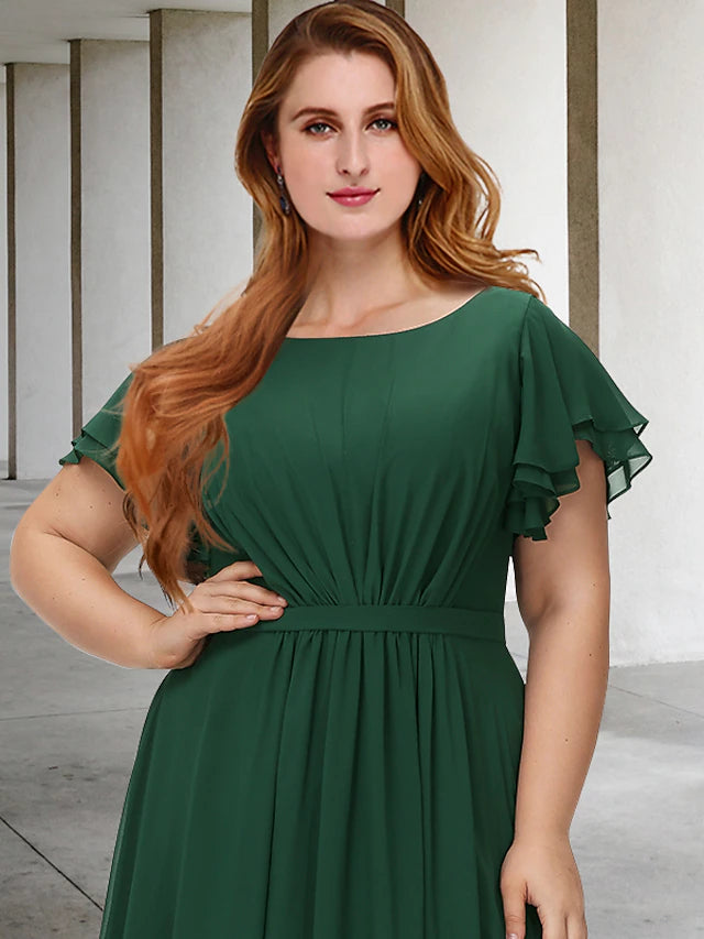 A-Line Plus Size Curve Mother of the Bride Dresses Elegant Dress Formal Floor Length Short Sleeve Jewel Neck Chiffon with Pleats