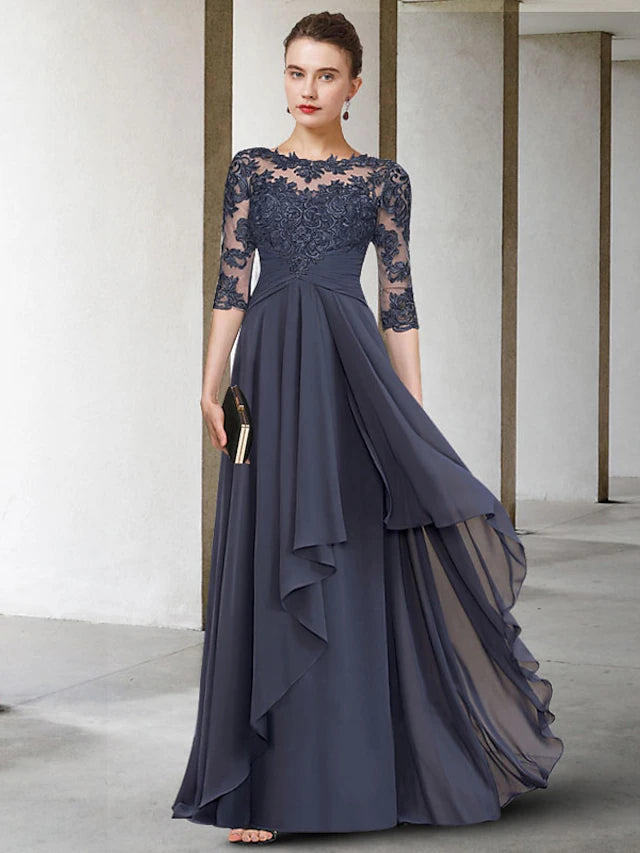 A-Line Mother of the Bride Dress Plus Size Elegant Jewel Neck Floor Length Chiffon Lace 3/4 Length Sleeve with Pleats Ruched Appliques