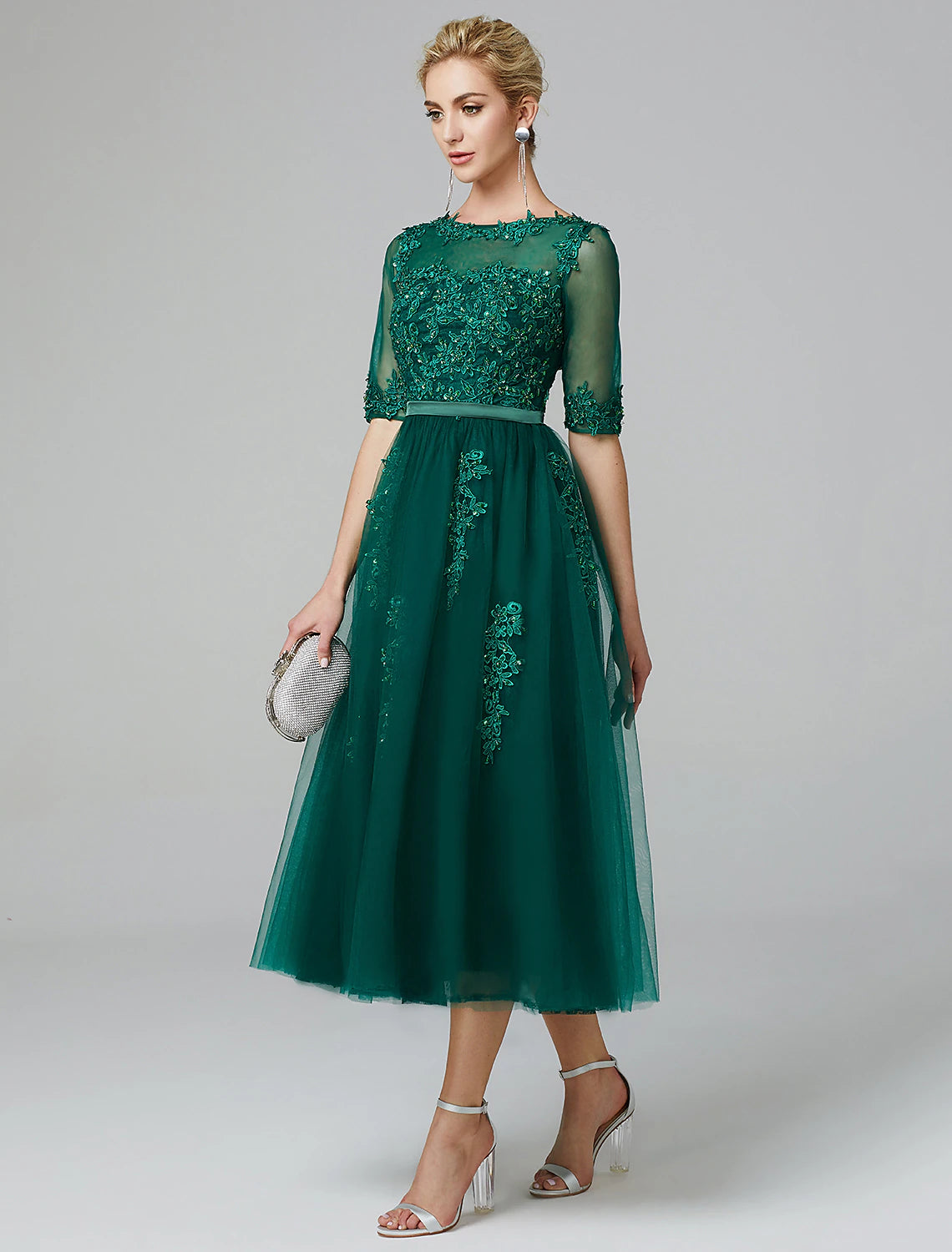 A-Linien-Cocktailkleid, Weihnachten, Rot, Grün, Kleid, formeller Abend, Kentucky Derby, knielang, ärmellos, Illusionsausschnitt, Herbst, Hochzeitsgast, Spitze über Tüll mit Pailletten-Applikationen