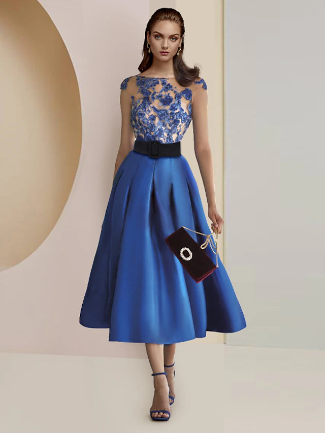 A-Line Mother of the Bride Dress Formal Wedding Guest Party Elegant Scoop Neck Tea Length Satin Lace Cap Sleeve with Pleats Appliques