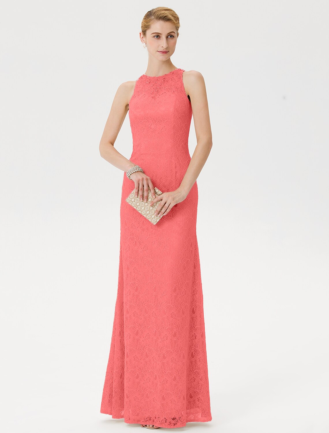 Sheath / Column Mother of the Bride Dress Elegant See Through Illusion Neck Floor Length Lace Sleeveless with Crystals Beading