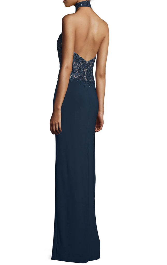 Halter Lace Jersey Long Evening Gown Sleeveless Prom Dresses