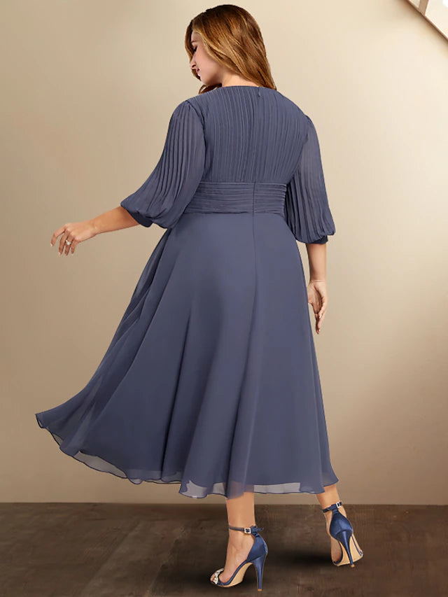 A-Line Plus Size Curve Mother of the Bride Dresses Elegant Dress Formal Tea Length Half Sleeve V Neck Chiffon with Pleats Ruched