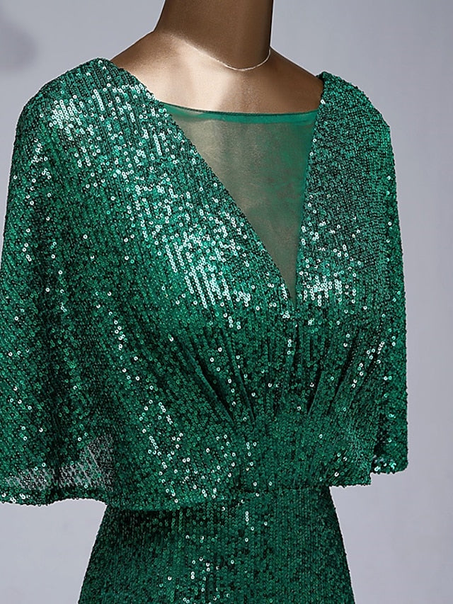 Meerjungfrau/Trompete Ballkleider Glitzerkleid Hochzeitsgast Bodenlang Halbarm Illusionsausschnitt Paillettenbesetzt mit Paillettenrüschen