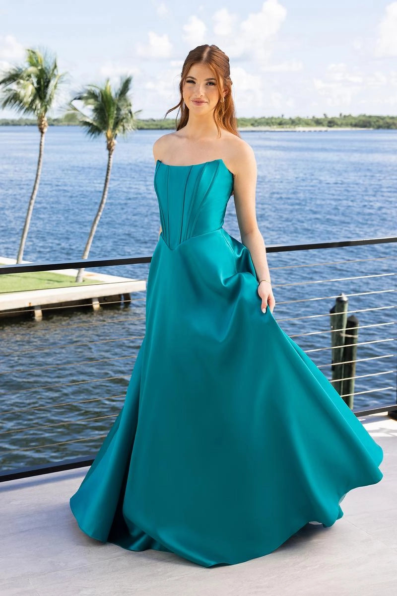 Teal Strapless Corset Satin A Line Prom Dress