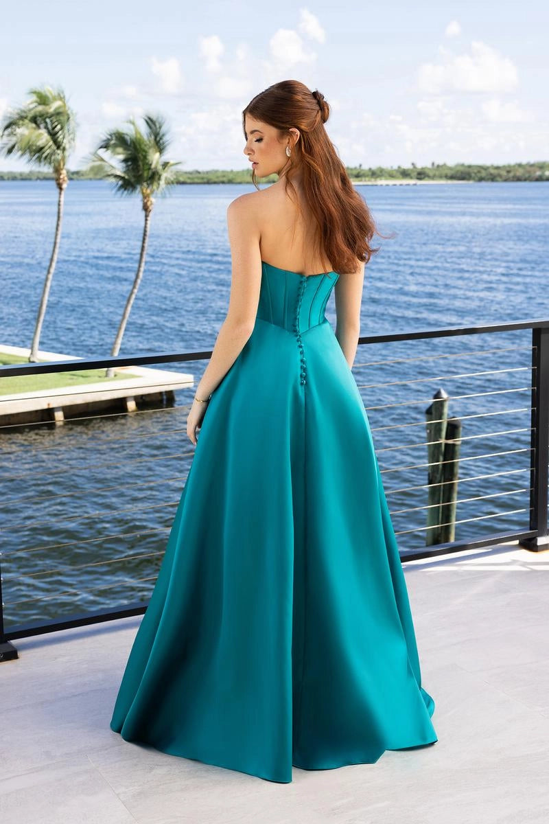 Teal Strapless Corset Satin A Line Prom Dress