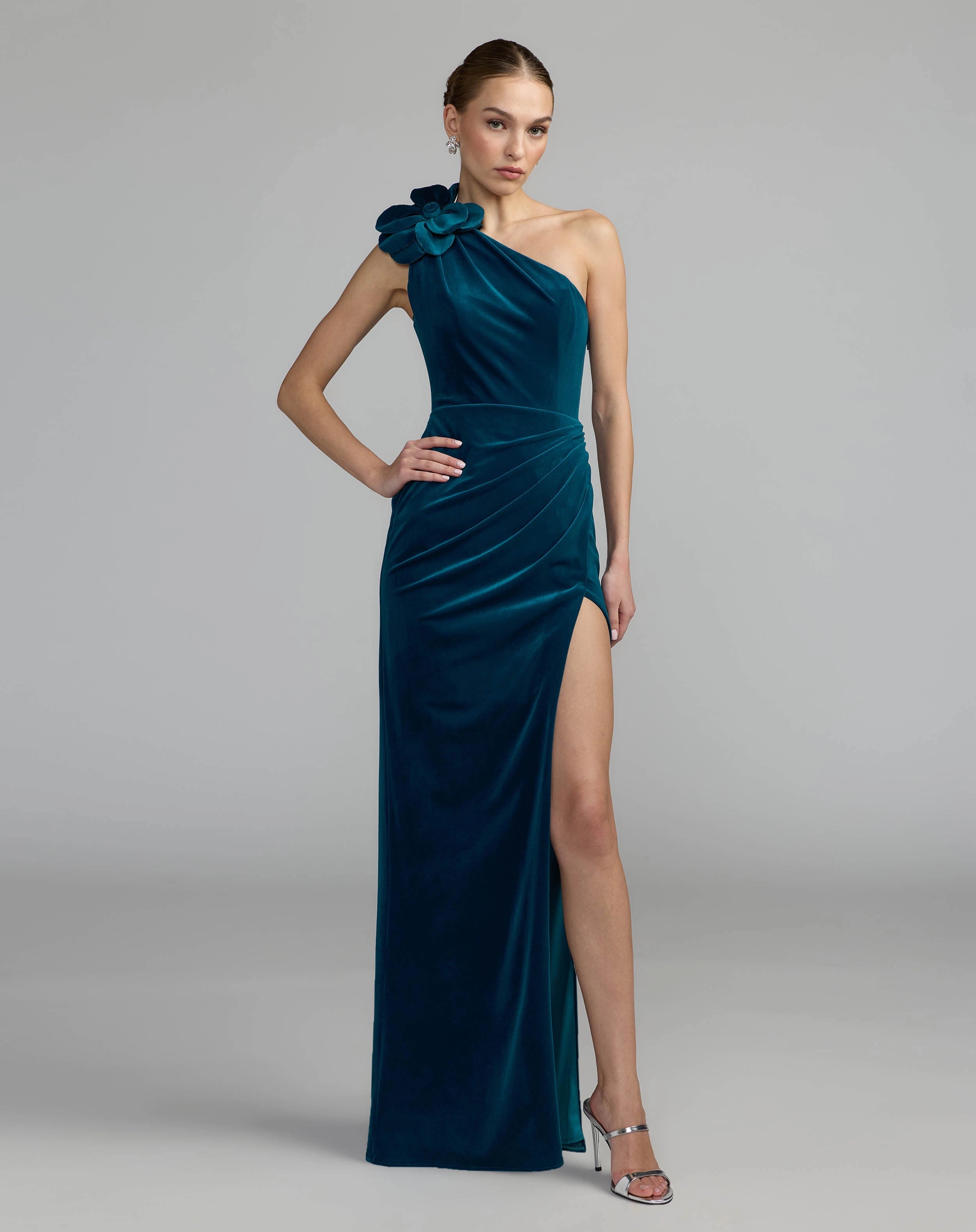 Sleek sheath one-shoulder sleeveless tieback floor-length prom gown