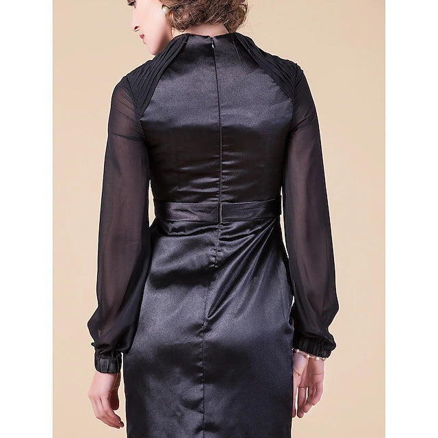 Sheath / Column Mother of the Bride Dress Queen Anne Floor Length Chiffon Stretch Satin Long Sleeve with Sash / Ribbon Beading Side Draping