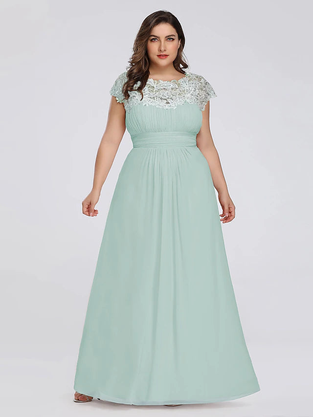 A-Line Mother of the Bride Dress Plus Size Jewel Neck Floor Length Chiffon Short Sleeve with Lace Ruching