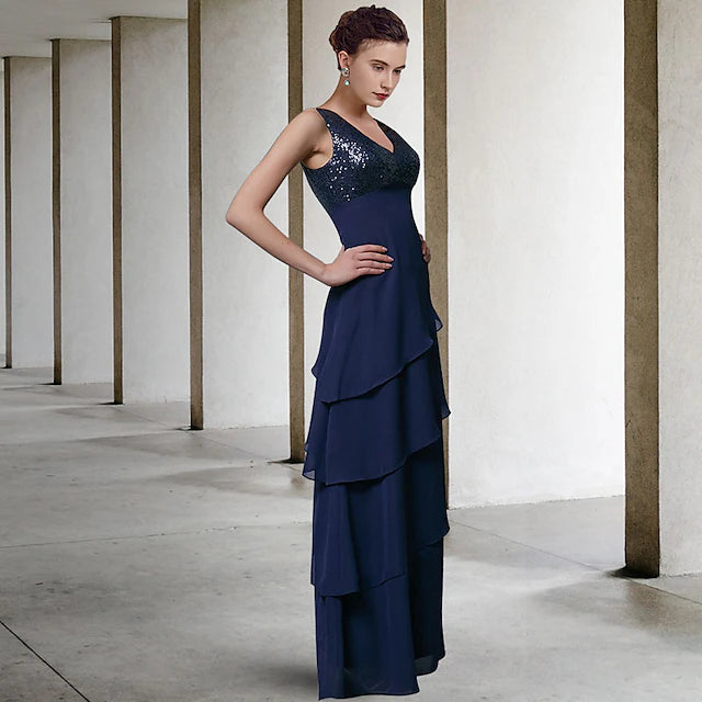A-Line Mother of the Bride Dress Elegant V Neck Floor Length Chiffon Sequined Sleeveless Wrap Included with Sequin Ruffles