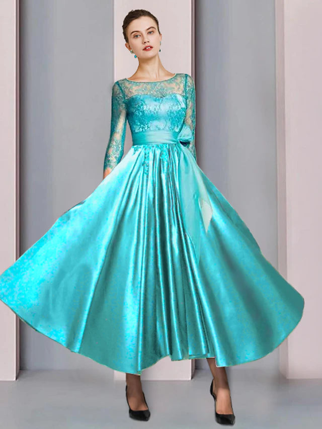 A-Line Mother of the Bride Dress Formal Wedding Guest Party Elegant Scoop Neck Ankle Length Satin Lace 3/4 Length Sleeve with Bow(s) Pleats