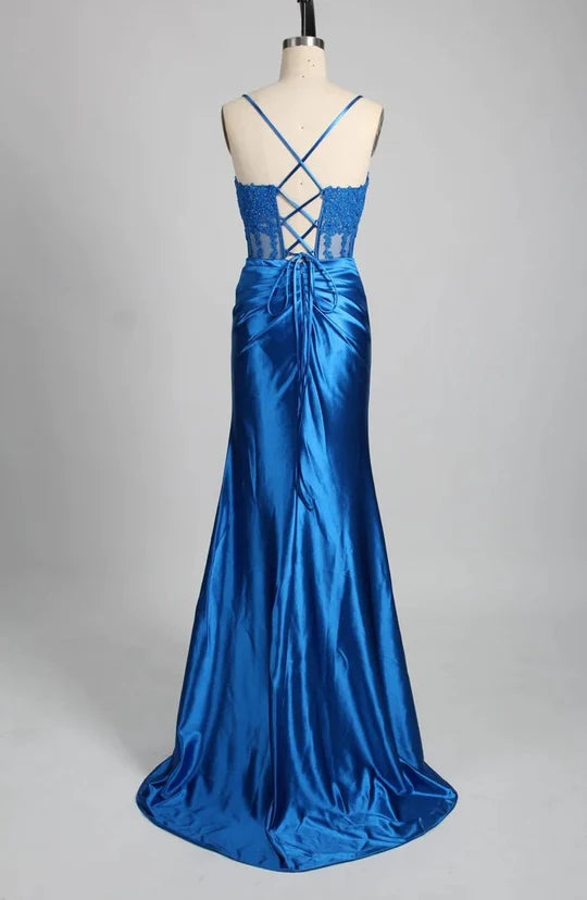Mermaid Straps Appliques Satin Prom Dress With Slit